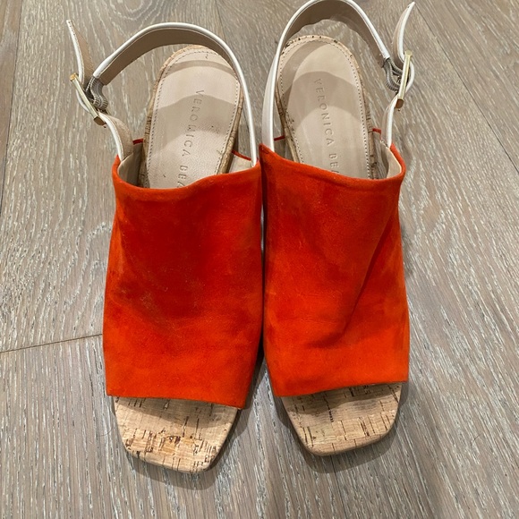 Veronica Beard Orange Suede Sandals 4 in Cork Heel.